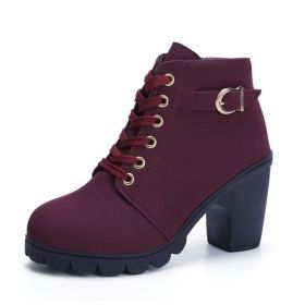 Fashoin Leopard Print Ankle Square Heel Suede Lace-up Zip Boots Women Casual Versatile Shoes Autumn And Winter (Option: Wine Red-37)