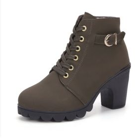 Fashoin Leopard Print Ankle Square Heel Suede Lace-up Zip Boots Women Casual Versatile Shoes Autumn And Winter (Option: Army Green-36)