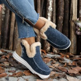 Fleece-lined Thick Plush Boots Warm Sewing Flat Cotton Shoes Winter Ankle Boot (Option: Dark Blue-40)