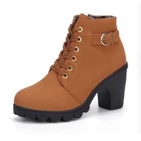 Fashoin Leopard Print Ankle Square Heel Suede Lace-up Zip Boots Women Casual Versatile Shoes Autumn And Winter (Option: Yellow-38)