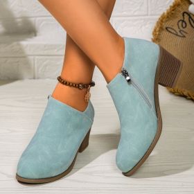Chunky Heel Round Toe Ankle Boots With Side Zipper Design Fashion Fall Winter Short Boots For Women Shoes (Option: Blue-40.)