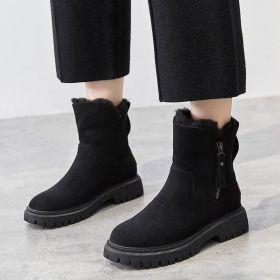 Middle Tube Plush Warm Cotton Shoes Leather And Fur Integrated Winter Women's Boots (Option: Black-35)