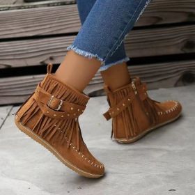 Retro Ankle Boots With Rivet Tassel Flat Shoes Women Winter Boots (Option: Dark Brown-39.)
