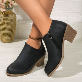 Chunky Heel Round Toe Ankle Boots With Side Zipper Design Fashion Fall Winter Short Boots For Women Shoes (Option: Black-43.)