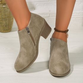 Chunky Heel Round Toe Ankle Boots With Side Zipper Design Fashion Fall Winter Short Boots For Women Shoes (Option: Khaki-43.)