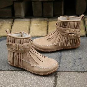 Retro Ankle Boots With Rivet Tassel Flat Shoes Women Winter Boots (Option: Khaki-39.)