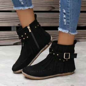 Retro Ankle Boots With Rivet Tassel Flat Shoes Women Winter Boots (Option: Black-39.)