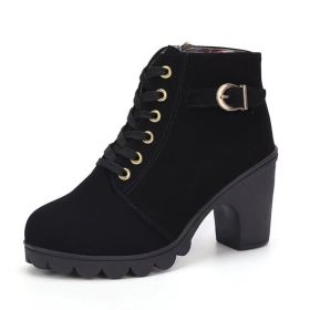 Fashoin Leopard Print Ankle Square Heel Suede Lace-up Zip Boots Women Casual Versatile Shoes Autumn And Winter (Option: Black-39)