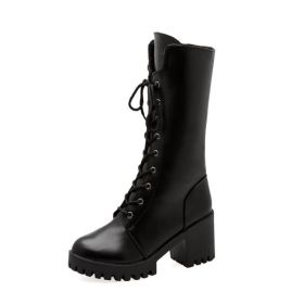 Thick Bottom Increased By Lace-up Booties All-match Middle Tube Motorcycle Boots (Option: Black-36)